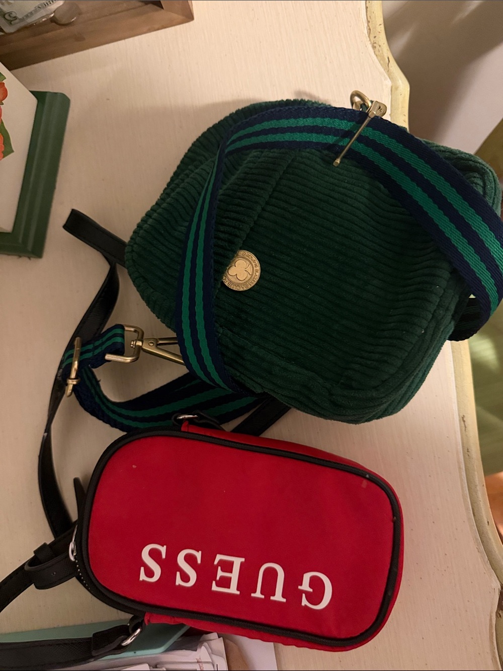 Kids cross body bundleGUESS Red Crossbody Pouch with Green Corduroy Shoulder Bag